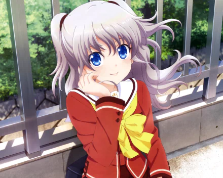 A smiling girl with long white hair in twintails and blue eyes, wearing a school uniform with a large yellow bow. The HD wallpaper features the character Nao Tomori from the anime Charlotte.