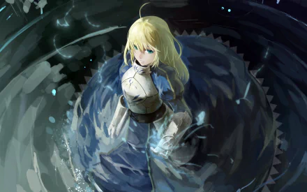HD wallpaper featuring Saber from the Fate Series, specifically Fate/Zero, standing confidently in a swirling, dynamic background of water and dark tones.