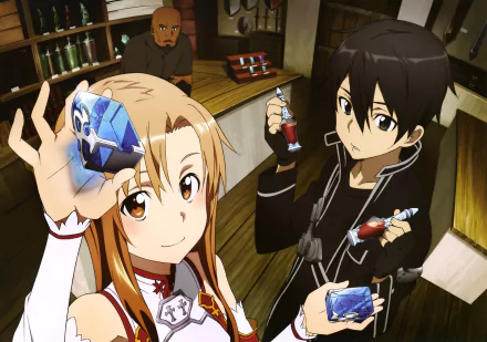 Asuna Yuuki and Kirito from Sword Art Online hold glowing items in a vibrant scene set in a shop, showcasing the anime's captivating artwork in this HD wallpaper.