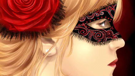 Artistic 4K Ultra HD desktop wallpaper featuring a close-up of a woman with blonde hair wearing an ornate black and red mask, accented by a large red rose.