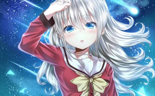 Anime Charlotte Nao Tomori White Hair Blue Eyes School Uniform Sterne Shooting Star Blush bow Nacht Long Hair HD Wallpaper | Hintergrund