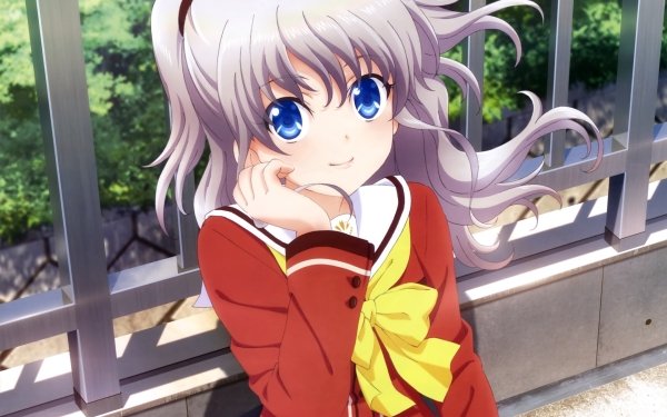 Anime Charlotte Nao Tomori Smile Blue Eyes White Hair bow Twintails Long Hair School Uniform HD Wallpaper | Background Image