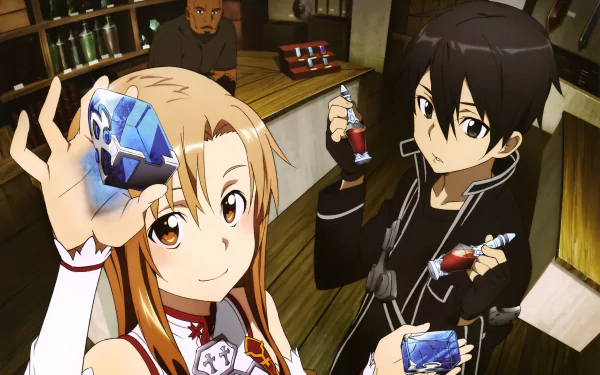Asuna Yuuki and Kirito from Sword Art Online hold glowing items in a vibrant scene set in a shop, showcasing the anime's captivating artwork in this HD wallpaper.