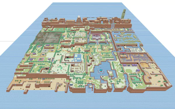 HD PC desktop wallpaper background: isometric pixel map of Koholint Island from the video game The Legend of Zelda: Link's Awakening.
