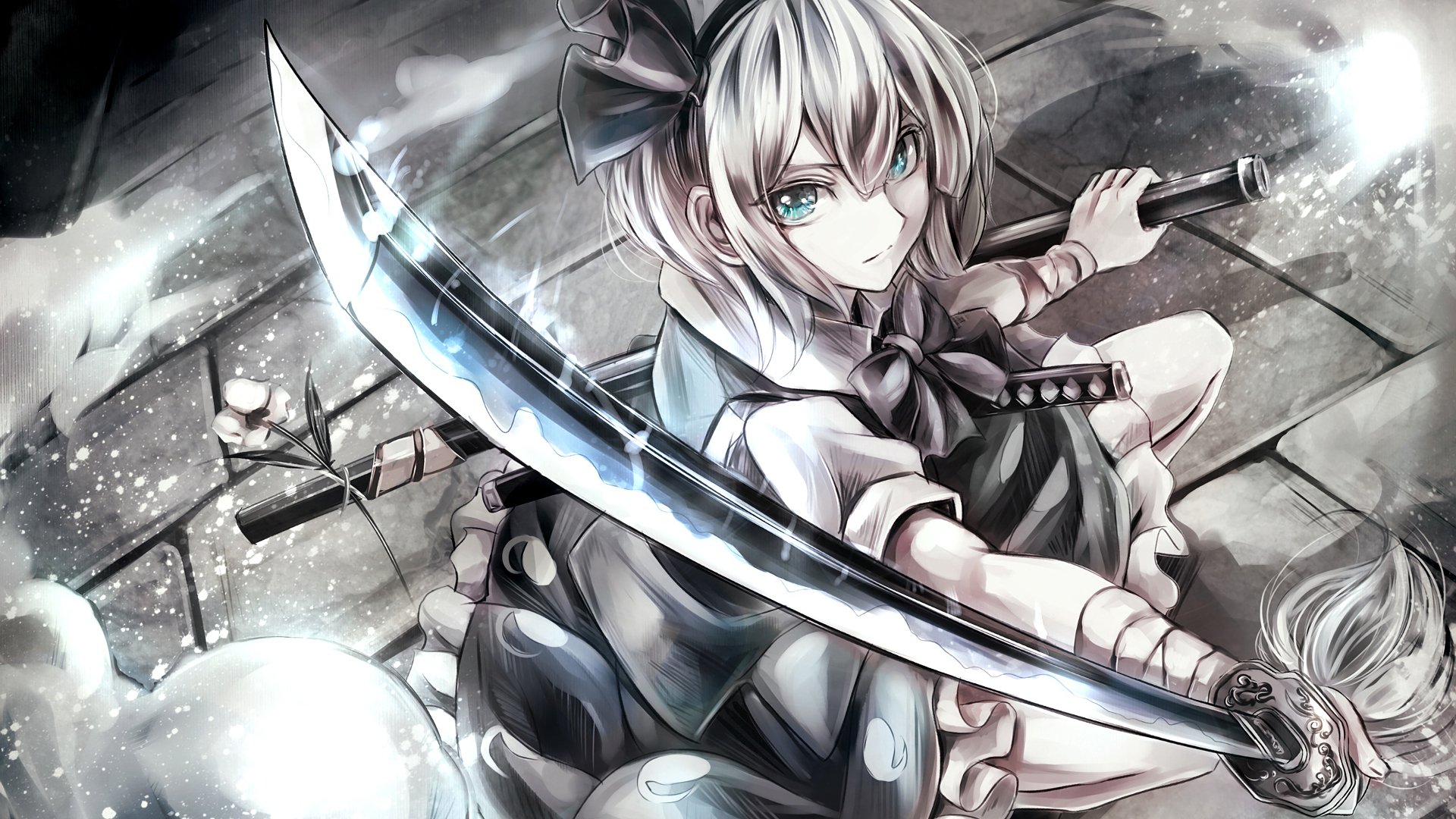 A stunning HD wallpaper featuring Youmu Konpaku from Touhou, poised with a sword, showcasing intricate details and a captivating design in an anime aesthetic.