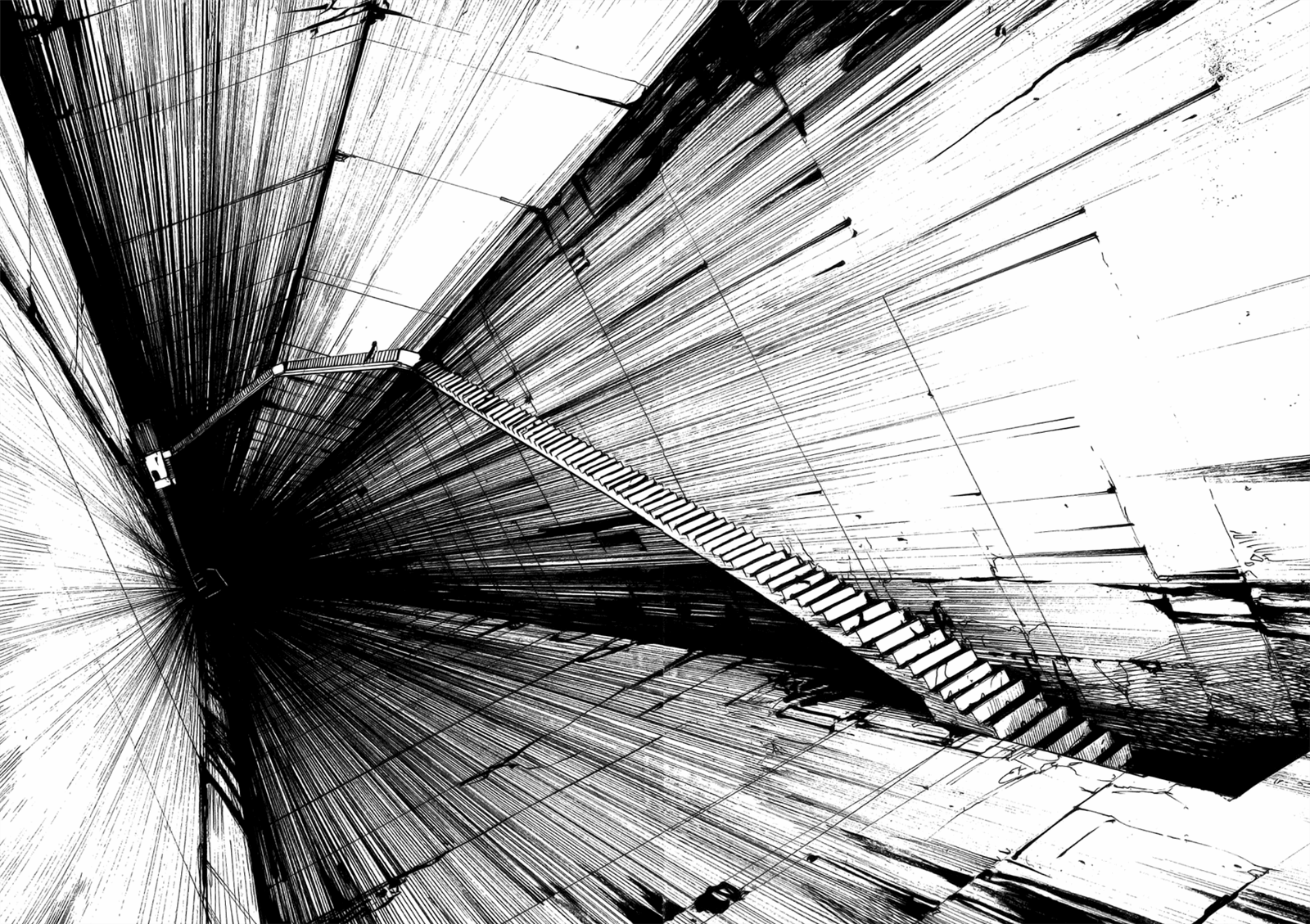 CGI 3D abstract artwork in high definition, depicting a dramatic monochrome tunnel with a suspended staircase, creating a striking and artistic desktop wallpaper background.