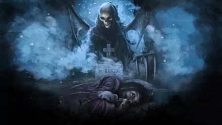 A dark, atmospheric HD wallpaper featuring a skeletal figure with wings looming over a grave, embodying themes of death and eternity, inspired by Avenged Sevenfold's aesthetic.