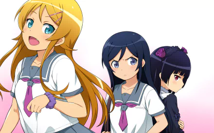 HD PC desktop wallpaper/background of Oreimo characters Kirino Kousaka, Ayase Aragaki, and Ruri Gokō in school uniforms against a pink gradient backdrop.