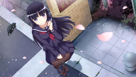 A serene HD wallpaper featuring Ruri Gokō from the anime Oreimo, standing outside, surrounded by falling cherry blossom petals. A charming and inviting scene.