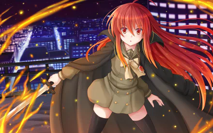 Anime character Shana from Shakugan No Shana wields a katana against a vibrant cityscape at night, wearing thigh highs and a necklace in this HD desktop wallpaper.