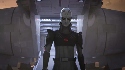 HD PC desktop wallpaper featuring The Inquisitor from the TV show Star Wars Rebels, standing in a dimly lit sci-fi corridor.