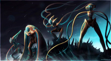 HD desktop wallpaper featuring Deoxys from Pokémon in an anime style. Multiple forms of Deoxys are depicted in a dark, atmospheric setting.