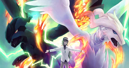 HD desktop wallpaper featuring N with Zekrom and Reshiram, iconic Pokémon from Pokémon: Black and White, amidst a vibrant and dynamic backdrop.