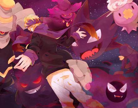 A vibrant HD wallpaper featuring Morty from Pokémon, surrounded by ghost Pokémon like Gengar, capturing the essence of Pokémon: HeartGold and SoulSilver in a dynamic and colorful design.