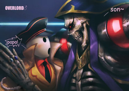 HD anime desktop wallpaper featuring Pandora's Actor and Ainz Ooal Gown from Overlord, depicted in a close, emotional interaction.