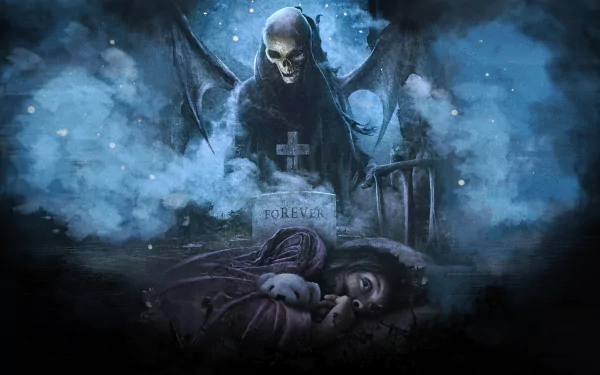 A dark, atmospheric HD wallpaper featuring a skeletal figure with wings looming over a grave, embodying themes of death and eternity, inspired by Avenged Sevenfold's aesthetic.