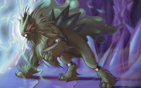 A dynamic HD wallpaper featuring Entei, the legendary Pokémon, depicted in a vibrant anime style with striking colors and an intense pose amidst a mystical background.