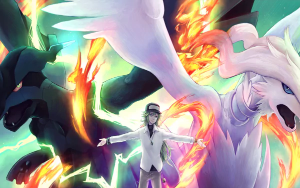 HD desktop wallpaper featuring N with Zekrom and Reshiram, iconic Pokémon from Pokémon: Black and White, amidst a vibrant and dynamic backdrop.