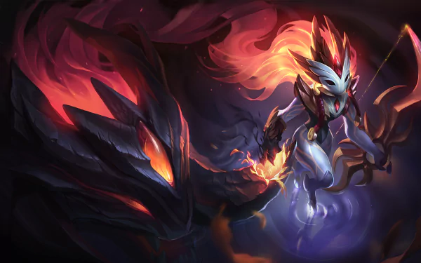 HD desktop wallpaper featuring Kindred from the video game League of Legends, showcasing high-quality artwork with vivid colors and intense details.