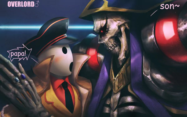 HD anime desktop wallpaper featuring Pandora's Actor and Ainz Ooal Gown from Overlord, depicted in a close, emotional interaction.