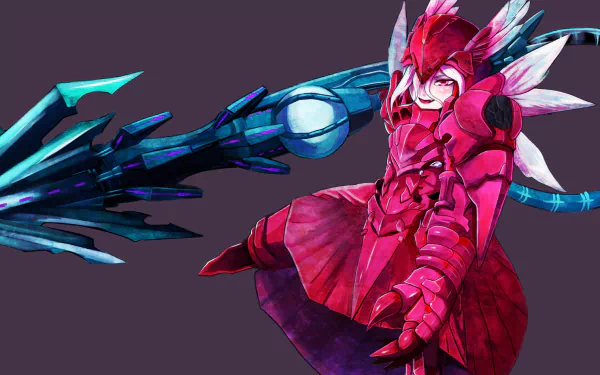 High-definition wallpaper featuring Shalltear Bloodfallen from the anime Overlord, showcasing her striking red armor and intricate weapon design against a dark background.