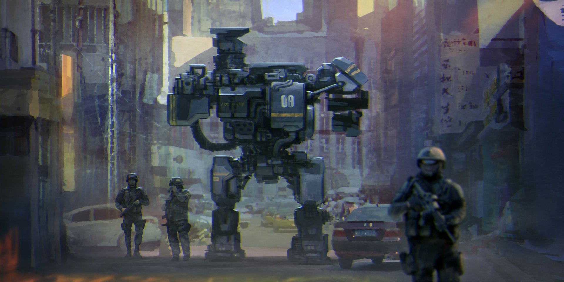 Sci Fi 4K Ultra HD PC desktop wallpaper showing a bulky bipedal combat robot striding through a gritty city flanked by armed soldiers and patrol cars at dusk.