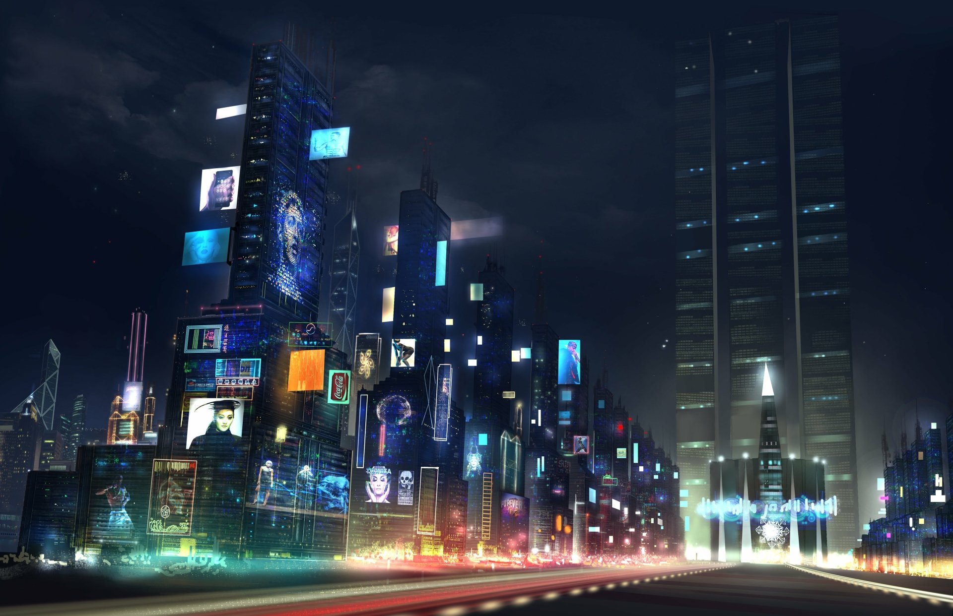 A futuristic New York cityscape at night with towering skyscrapers and vibrant neon lights, rendered in stunning 4K Ultra HD for PC desktop backgrounds.