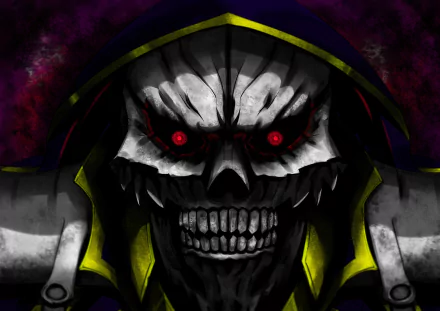 HD PC desktop wallpaper featuring Ainz Ooal Gown from the anime Overlord, showcasing his menacing skeletal face with glowing red eyes and dark, ominous tones.