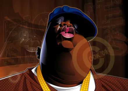 Music-themed HD desktop wallpaper: stylized portrait of a large figure in a tilted blue cap, gold chain and brown jacket, bold colors with circular graphic overlays and retro hip-hop vibe.