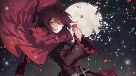 Ruby Rose from RWBY stands confidently in an enchanting night scene, surrounded by falling petals and a glowing moon, showcased as a vibrant HD desktop wallpaper.