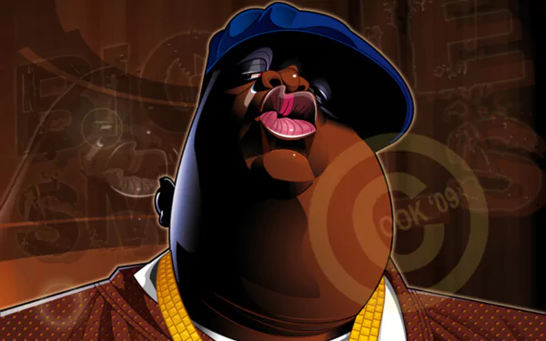 Music-themed HD desktop wallpaper: stylized portrait of a large figure in a tilted blue cap, gold chain and brown jacket, bold colors with circular graphic overlays and retro hip-hop vibe.