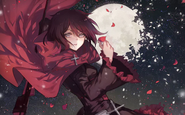 Ruby Rose from RWBY stands confidently in an enchanting night scene, surrounded by falling petals and a glowing moon, showcased as a vibrant HD desktop wallpaper.