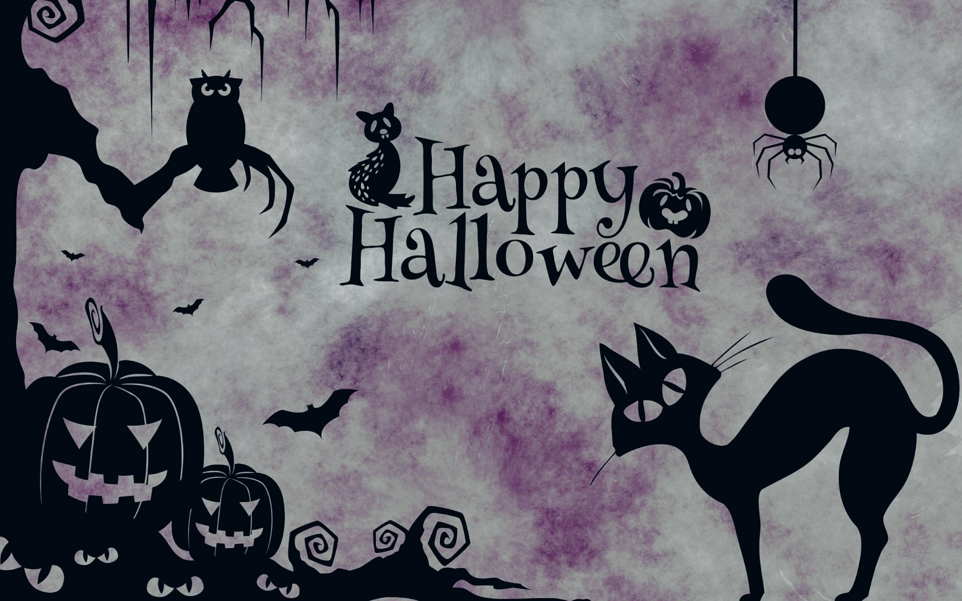 A spooky Halloween-themed wallpaper featuring a playful cat, pumpkins, bats, and owls, all set against a textured purple background with Happy Halloween text.