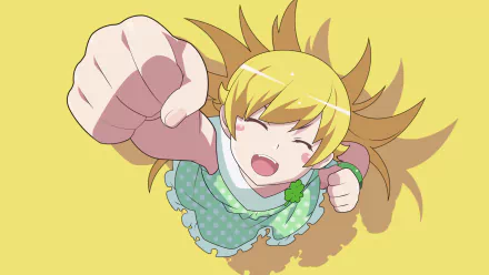 Cheerful anime girl Shinobu Oshino with blonde hair and yellow eyes, from the Monogatari Series: Second Season, in a dynamic pose on a yellow background. HD desktop wallpaper from Bakemonogatari.
