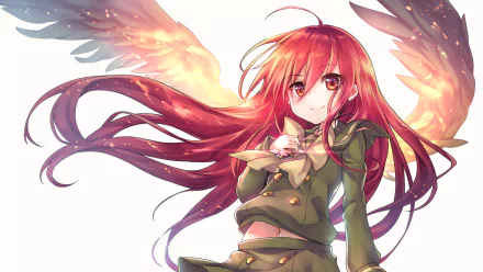 HD wallpaper featuring Shana from *Shakugan No Shana*, showcasing her vibrant red hair, golden wings, and enchanting expression against a bright background.