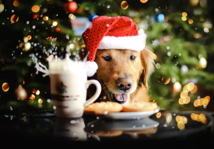 HD PC desktop wallpaper background: a golden retriever wearing a Santa hat beside a mug and cookies, festive bokeh lights and a Christmas tree creating a warm holiday scene.