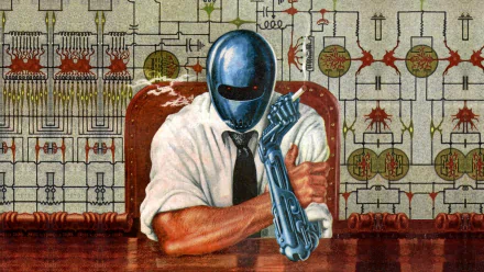 HD PC desktop wallpaper featuring a robotic figure in a shirt and tie, set against a backdrop of circuit-like patterns, inspired by the music and style of The Strokes.