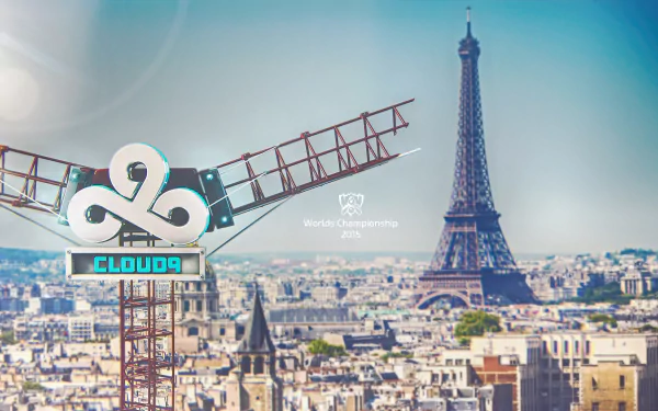 HD desktop wallpaper of Cloud9 esports logo on a crane over Paris with the Eiffel Tower — League of Legends gaming team, video game esports theme.