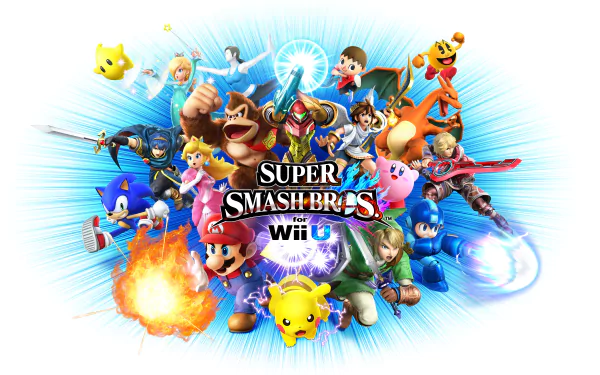 Vibrant 8K Ultra HD wallpaper featuring characters from Super Smash Bros. for Nintendo 3DS and Wii U, showcasing a dynamic battle scene with iconic gaming heroes.