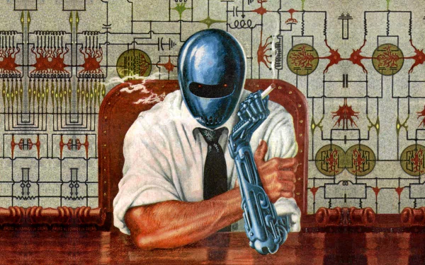 HD PC desktop wallpaper featuring a robotic figure in a shirt and tie, set against a backdrop of circuit-like patterns, inspired by the music and style of The Strokes.