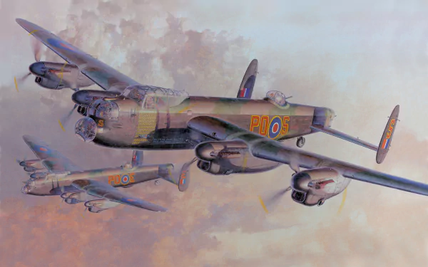 A stunning 8K Ultra HD wallpaper featuring the Avro Lancaster military aircraft soaring through a colorful sky, showcasing its iconic design and historical significance.