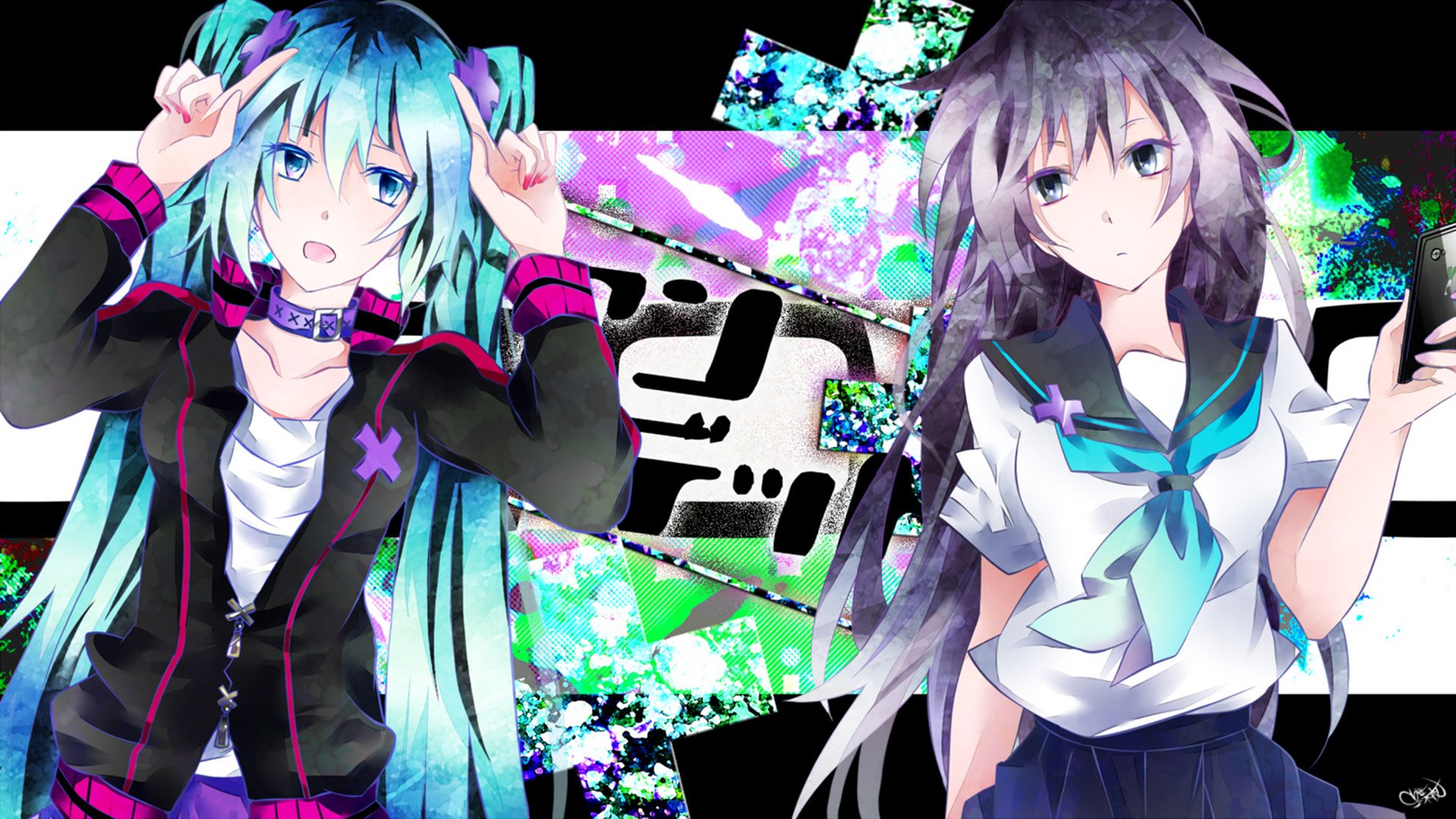 HD PC desktop wallpaper of Vocaloid characters Yuzuki Yukari and Hatsune Miku in anime style, posing against a bright neon-collage background.