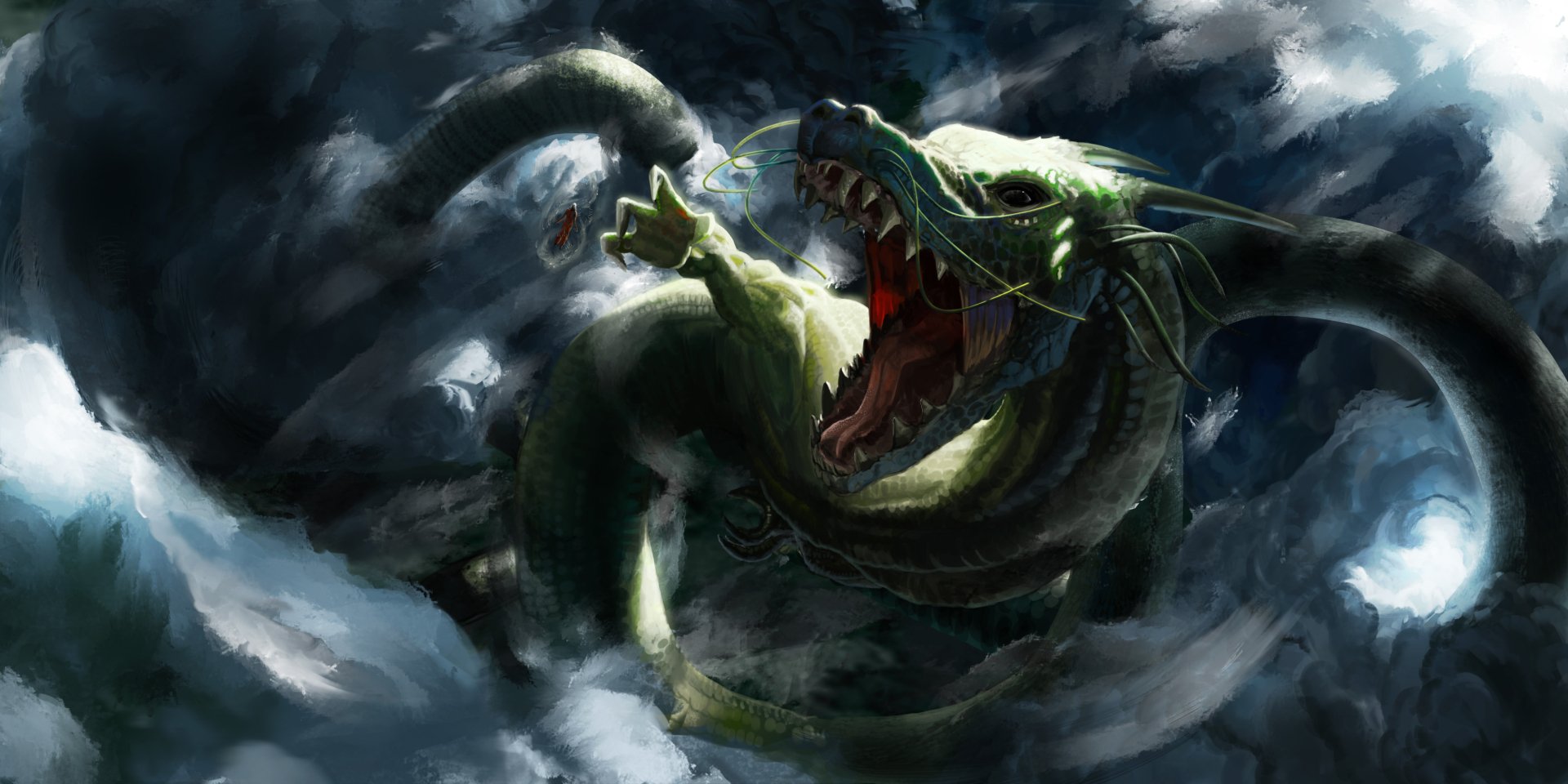 Fantasy dragon spirals through stormy clouds, jaws agape and claws extended — 2K Quad HD PC desktop wallpaper/background