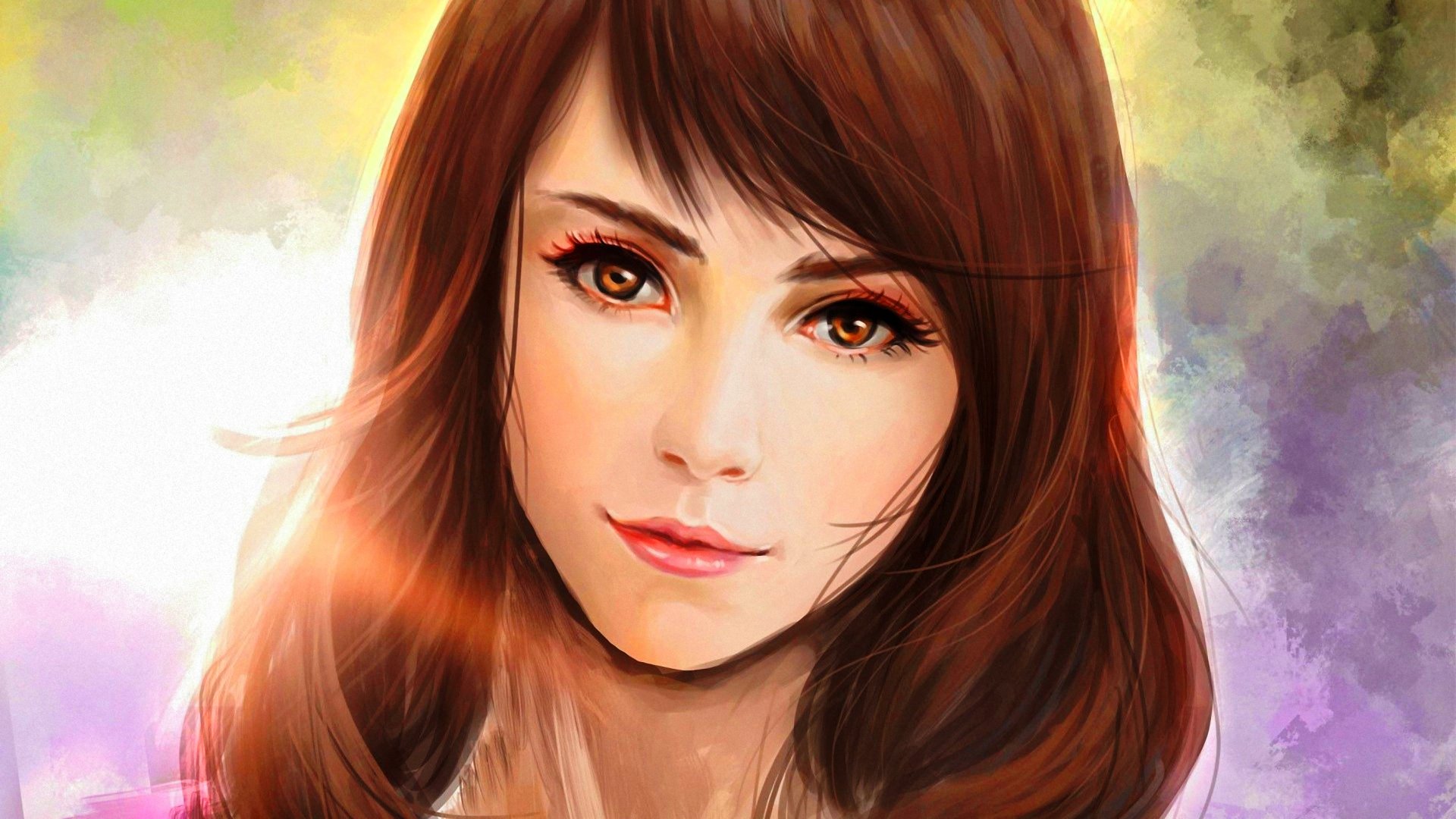 HD fantasy artwork of a woman with flowing auburn hair and glowing amber eyes, set against a softly blurred, colorful background.