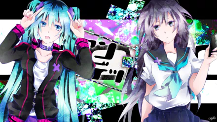 HD PC desktop wallpaper of Vocaloid characters Yuzuki Yukari and Hatsune Miku in anime style, posing against a bright neon-collage background.