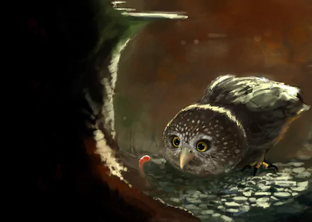 A whimsical fantasy scene featuring a curious owl peering at a worm. This HD desktop wallpaper blends nature and imagination, creating an enchanting background.