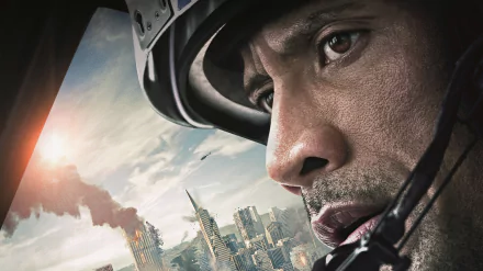 Close-up of Dwayne Johnson wearing a helmet against a city skyline, featured in the 4K Ultra HD movie wallpaper for San Andreas.