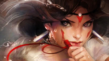 HD desktop wallpaper featuring a detailed fantasy anime depiction from Princess Mononoke, showcasing a character with intense eyes, red facial markings, and surrounded by ethereal, flowing elements.