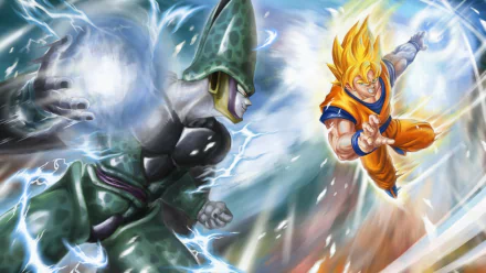 HD desktop wallpaper featuring an intense showdown between Super Saiyan Goku and Cell from Dragon Ball Z, showcasing vibrant energy clashes.