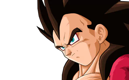 HD desktop wallpaper featuring Vegeta as Super Saiyan 4 from Dragon Ball GT. The image portrays Vegeta with intense focus, highlighting his distinct Super Saiyan 4 features against a white background.